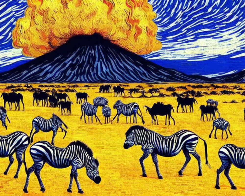 Image of zebras grazing with erupting volcano and vibrant sky patterns
