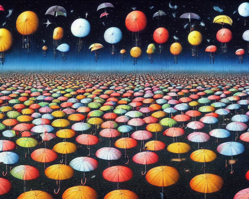 Colorful umbrellas under starry night sky in surreal artwork