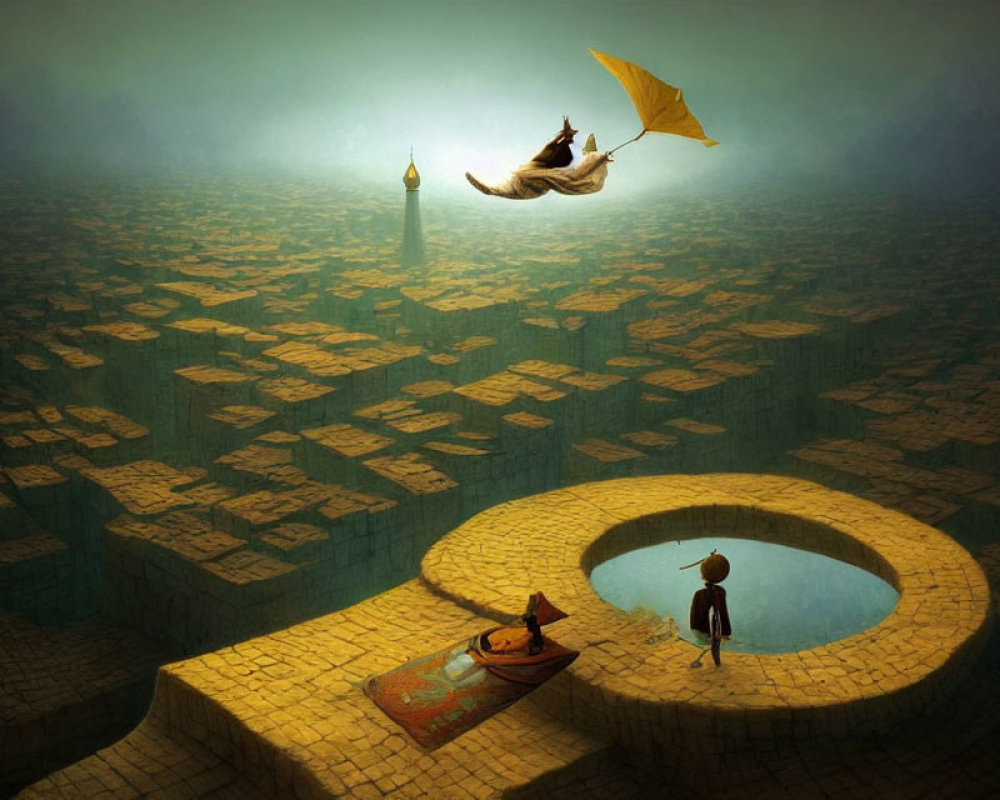 Whimsical floating character with umbrella in maze landscape.
