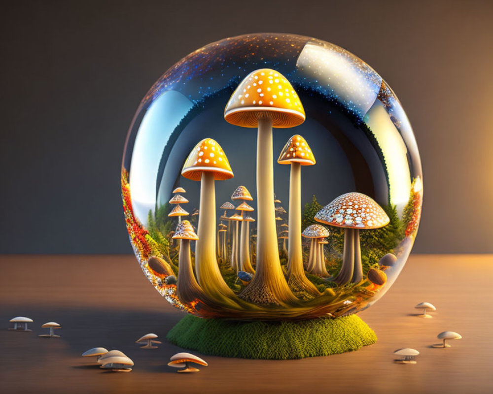 Vibrant oversized mushrooms in transparent sphere on miniature landscape.