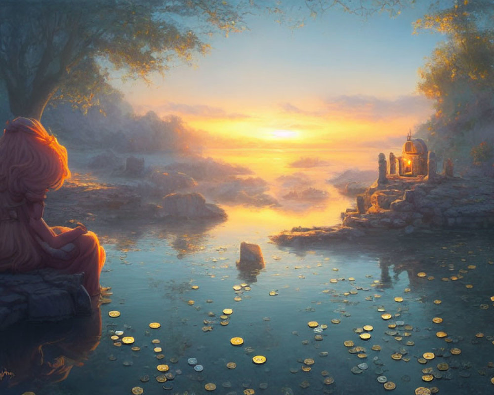 Tranquil pond scene with person by sunset and lanterns