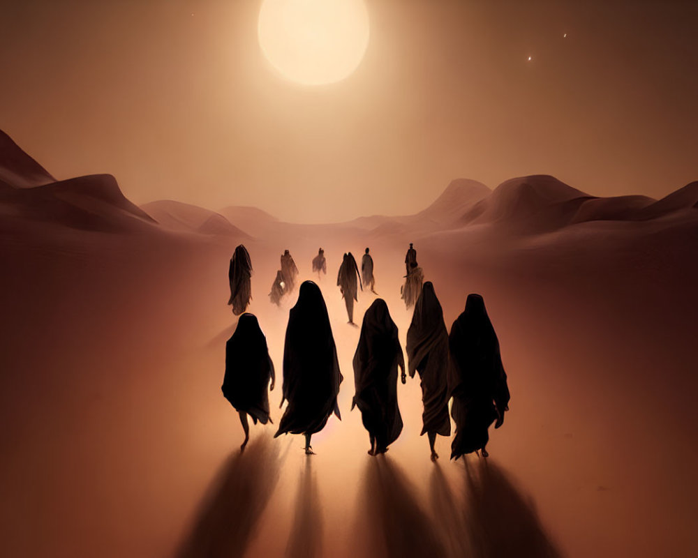 Cloaked Figures Walking in Desert Sunlight