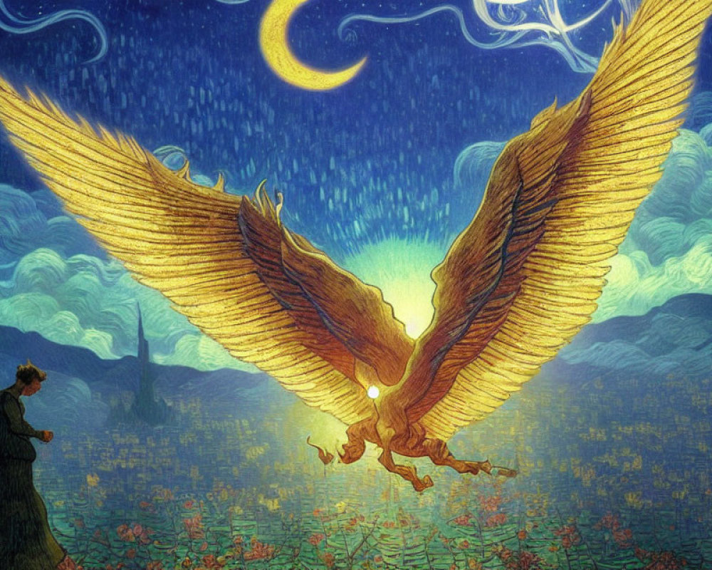 Illustrated eagle soaring over flower field under night sky with cloaked figure.