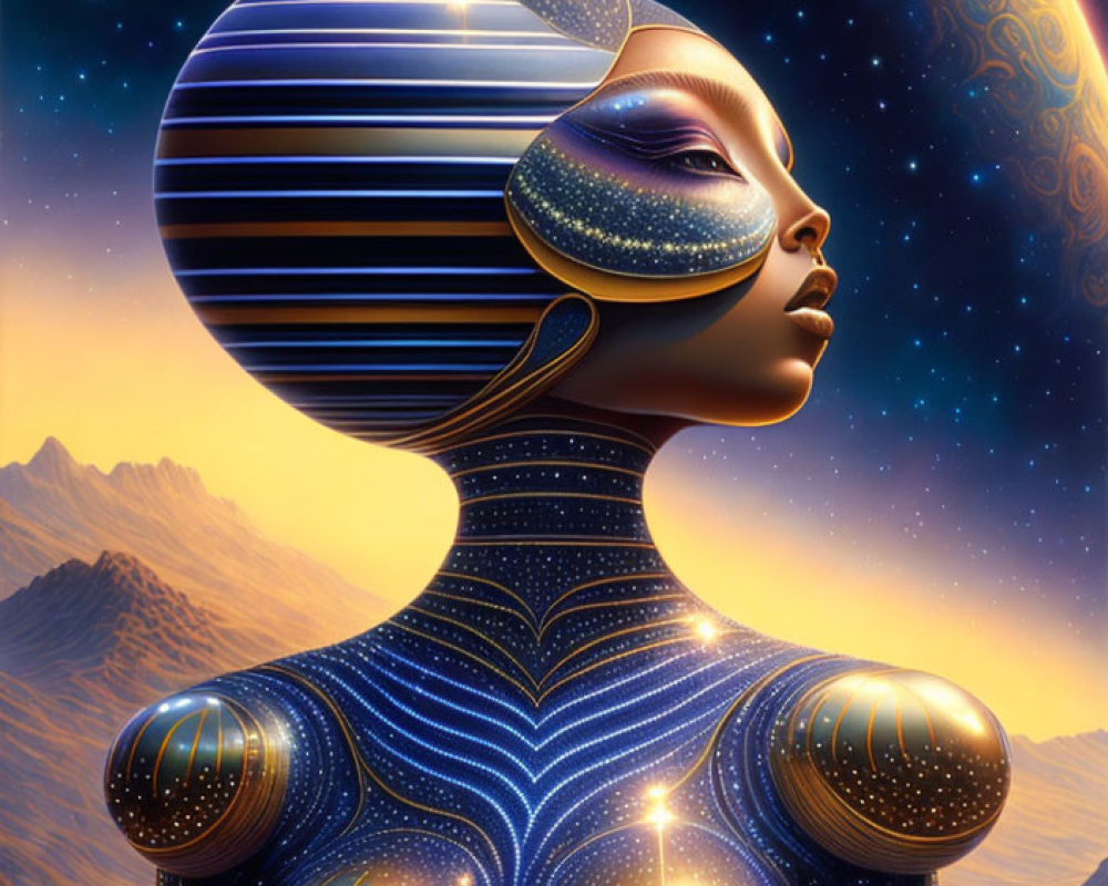 Futuristic female figure with striped headdress against crescent planet and stars