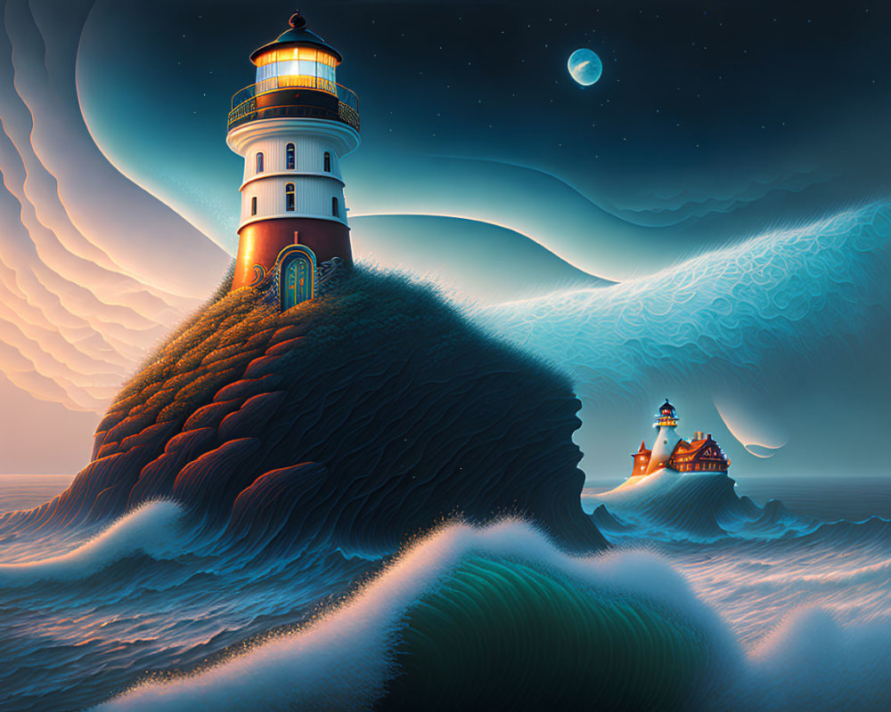 Digital artwork: Coastal night scene with lighthouses, waves, moon, and stars