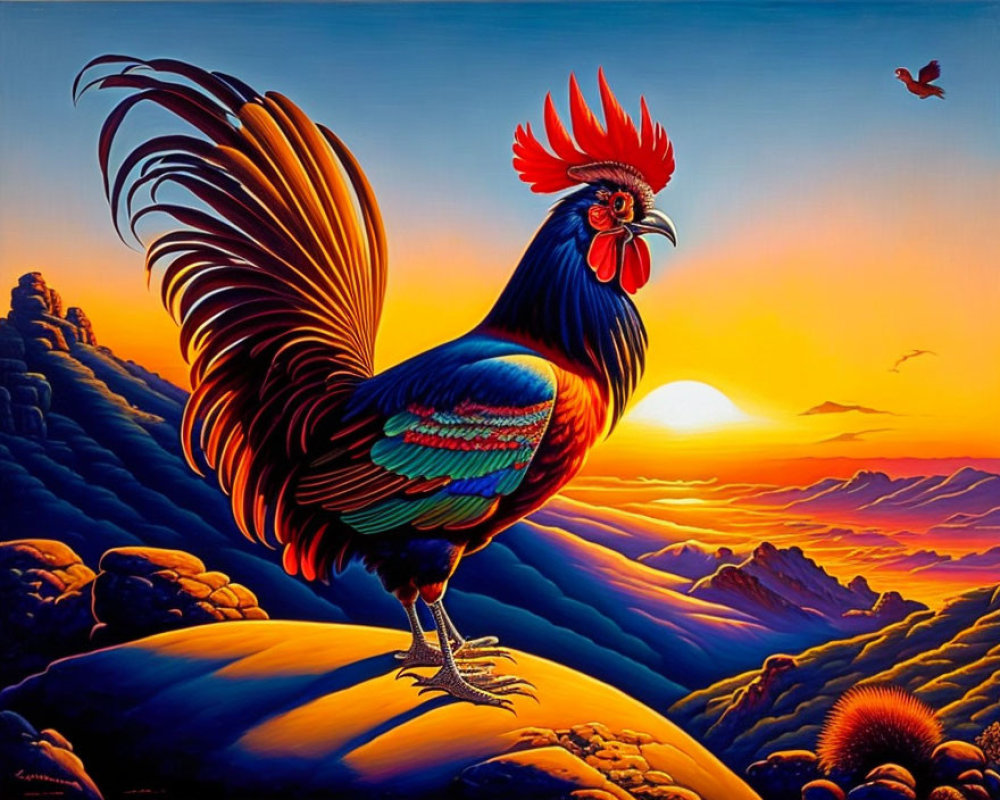 Colorful Rooster on Sunrise Landscape with Flying Bird