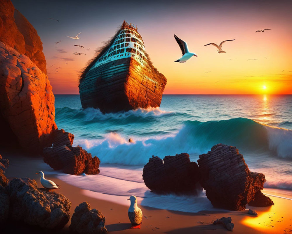 Sunset shipwreck scene with crashing waves and seagulls