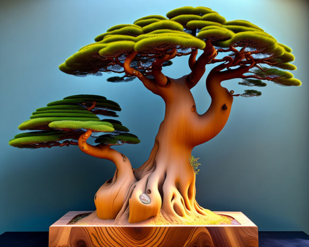 Surreal digital artwork of stylized tree with thick branches and green foliage on wooden base against blue