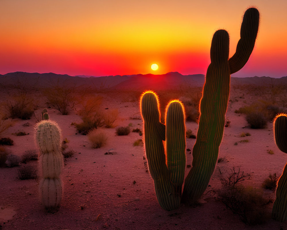 Desert sunset with silhouetted cacti in vibrant orange to purple sky