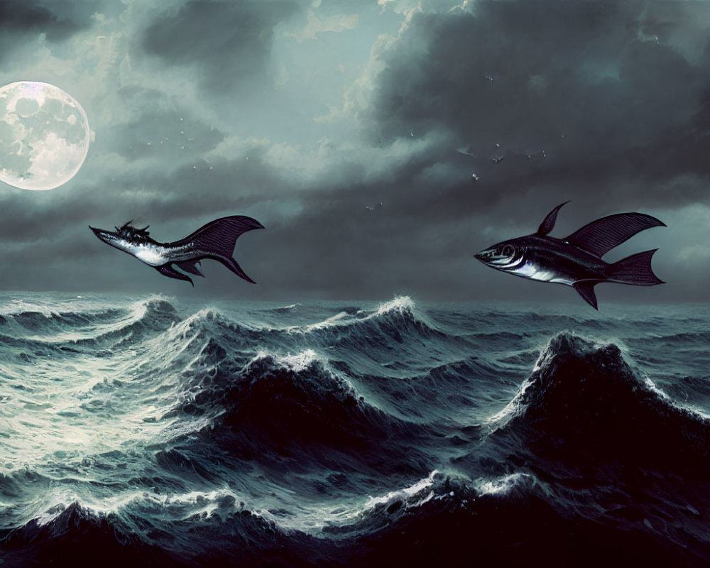 Surreal full moon seascape with winged fish above waves
