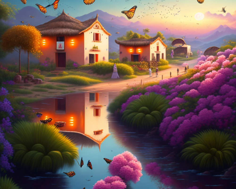 Tranquil village scene: thatched-roof houses, purple bushes, butterflies, river, serene