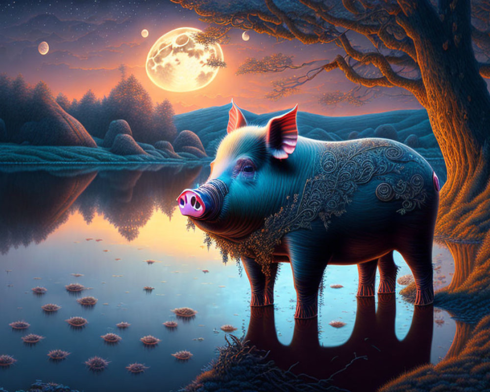 Ornate Pig in Moonlit Landscape with Pond and Trees