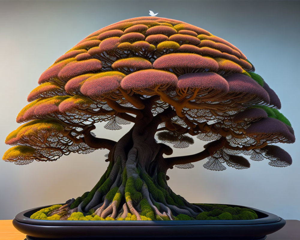 Stylized bonsai tree with lush canopy and perched bird