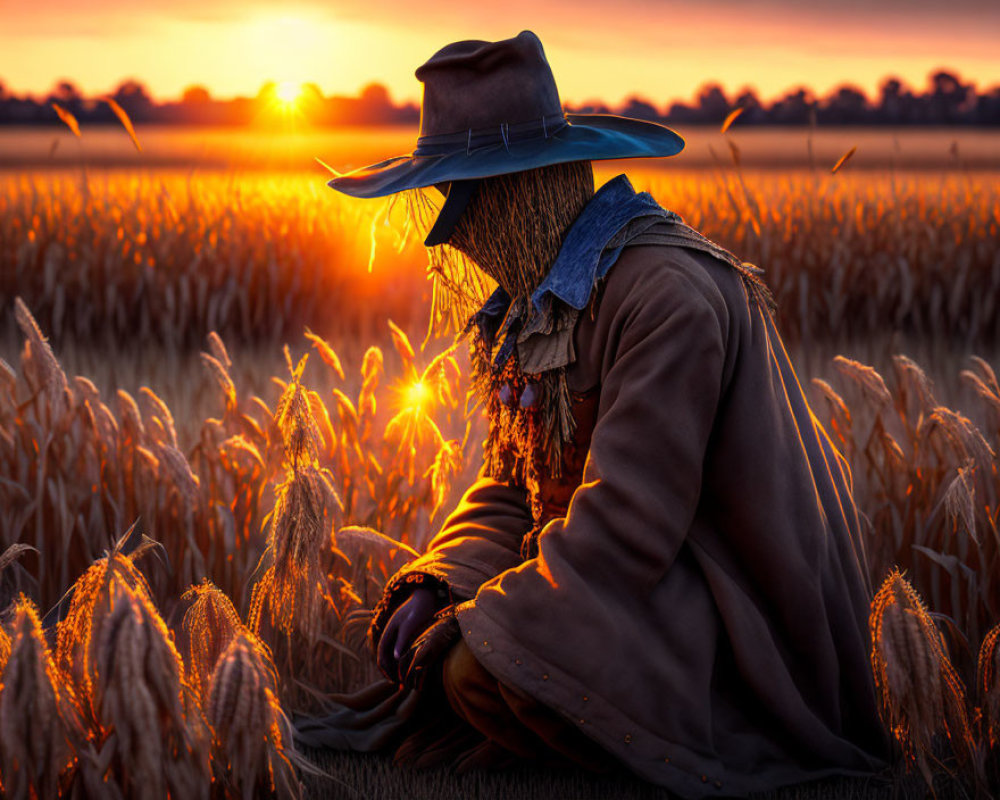 Scarecrow in Hat and Coat Surrounded by Wheat Fields at Sunset