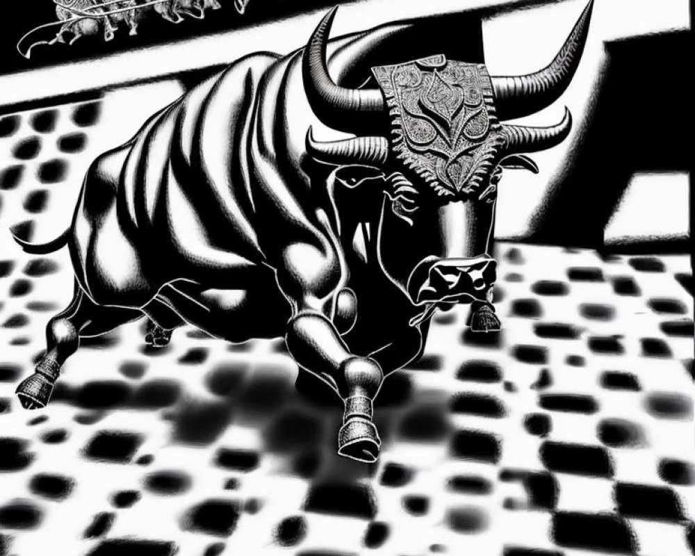 Detailed Black and White Bull Illustration on Checkered Surface
