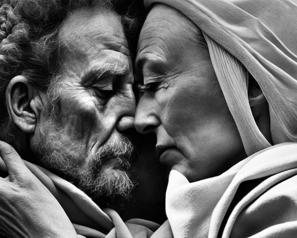 Elderly man and woman in black and white portrait with weathered faces