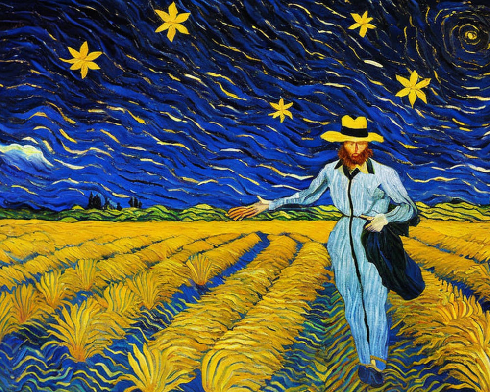 Vibrant starry night sky painting with man in straw hat walking through golden wheat fields
