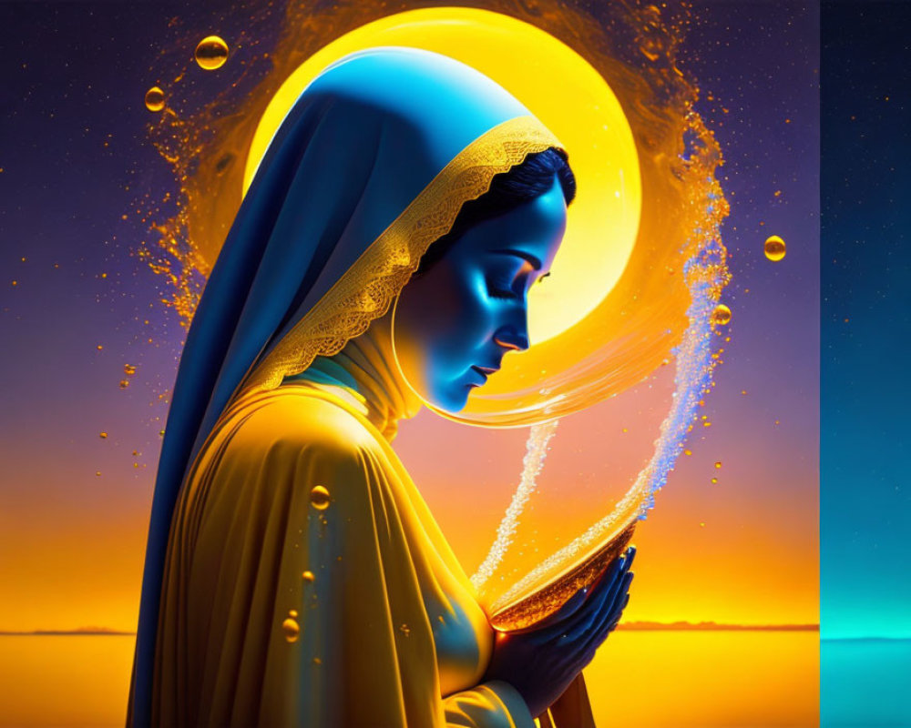 Digital artwork of serene woman in blue and gold veil against vibrant sunset backdrop