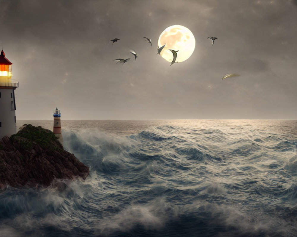 Moonlit seascape with lighthouse on rocky cliffs and flying birds