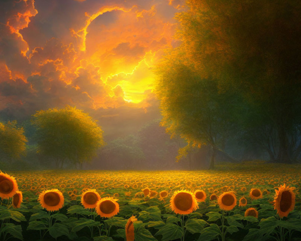Sunflower field at sunrise with orange clouds and sunray.