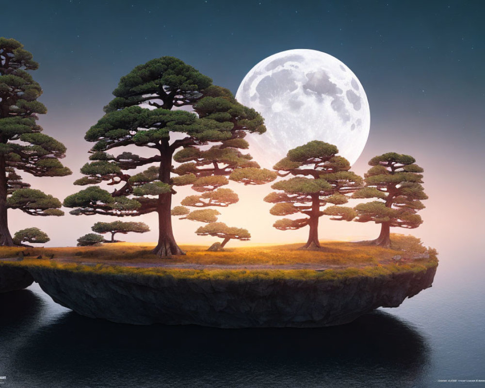 Pine trees on floating island under large moon and twilight sky