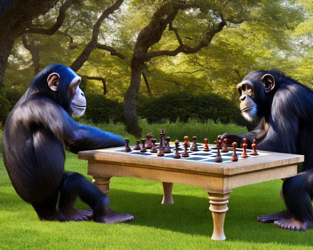 Chimpanzees playing chess in sunny outdoor setting