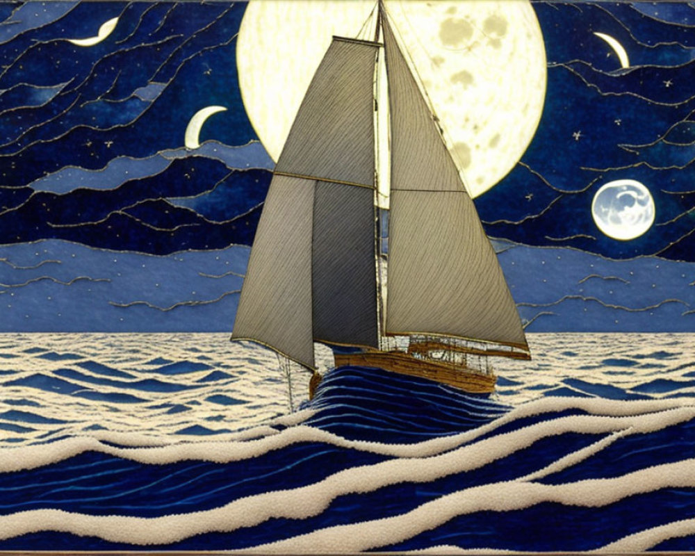 Sailboat illustration on wavy seas with crescent and full moons