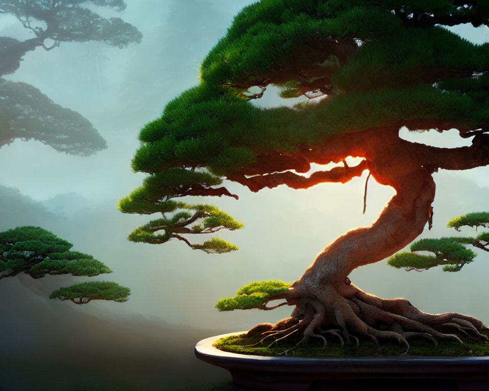 Ancient bonsai tree with thick trunk and lush green canopy in warm sunlight