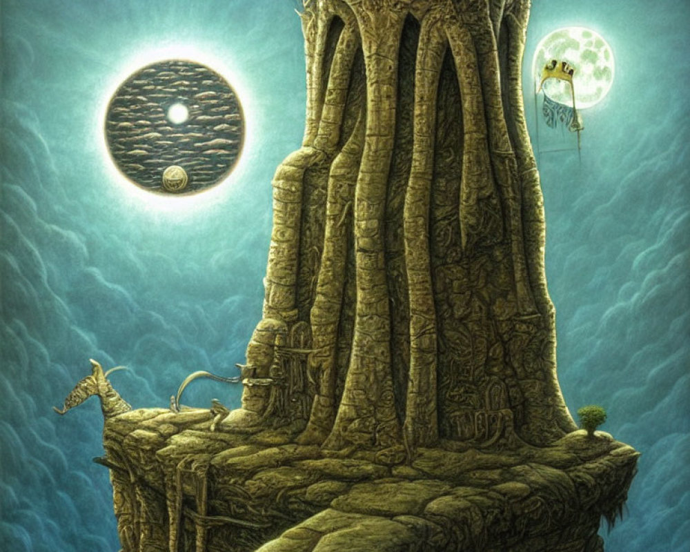 Stone tower on floating island under moonlit sky with glowing tree in hot air balloon