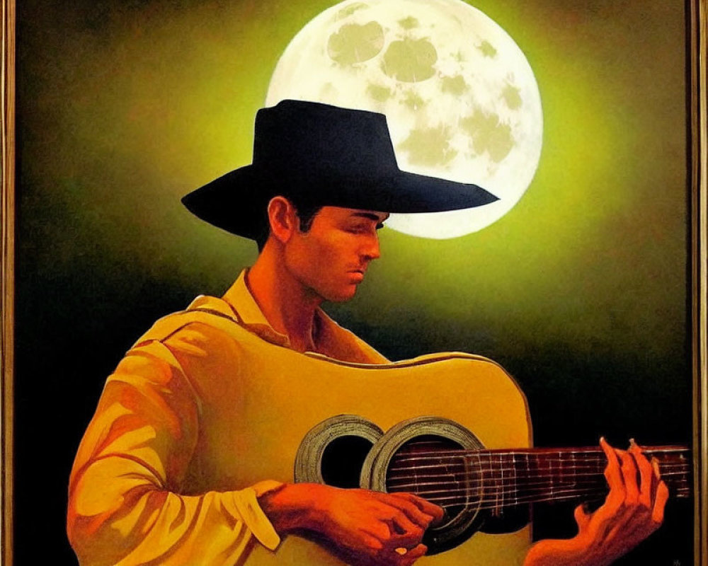 Man in Cowboy Hat Playing Guitar Under Full Moon