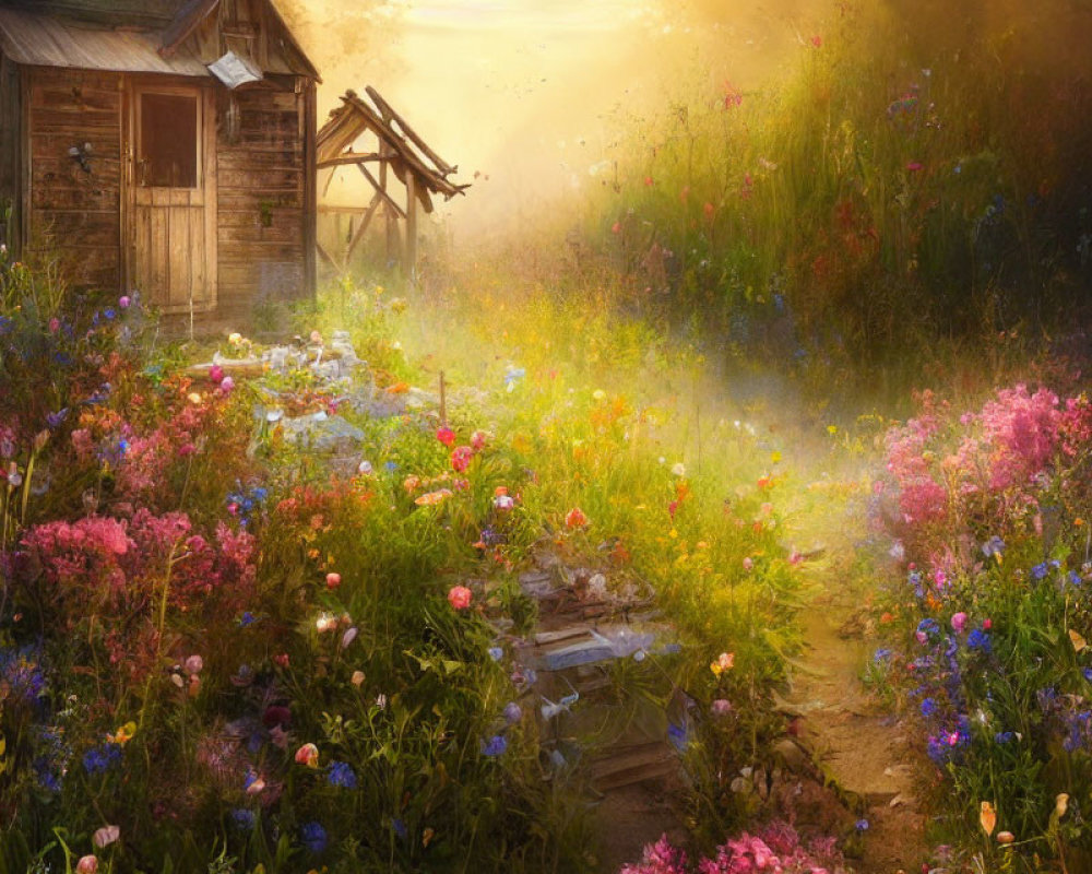 Idyllic Cottage in Vibrant Flower Field under Golden Sunlight