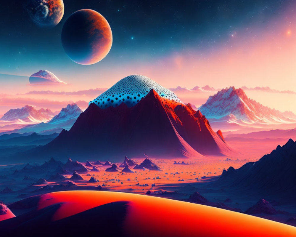 Majestic mountains in vibrant sci-fi landscape