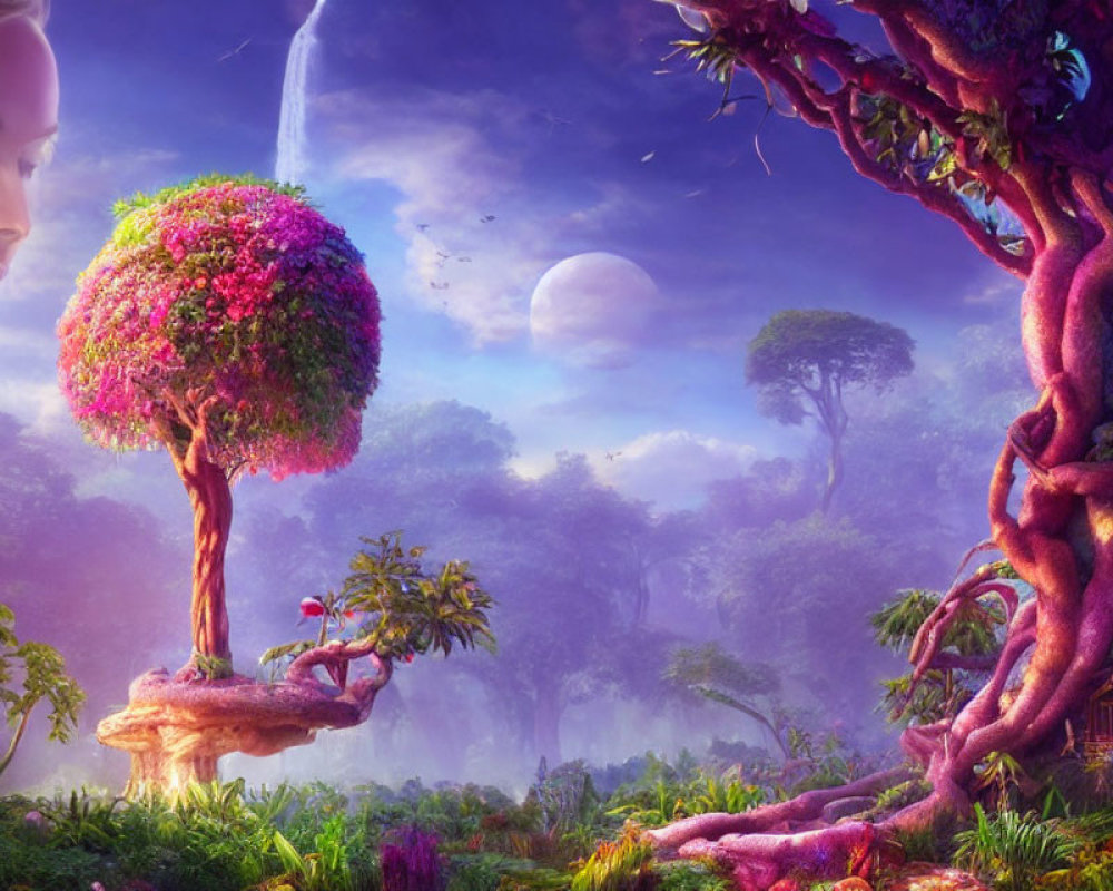 Fantasy landscape with giant ethereal face, lush greenery, twisted trees, small house, celestial