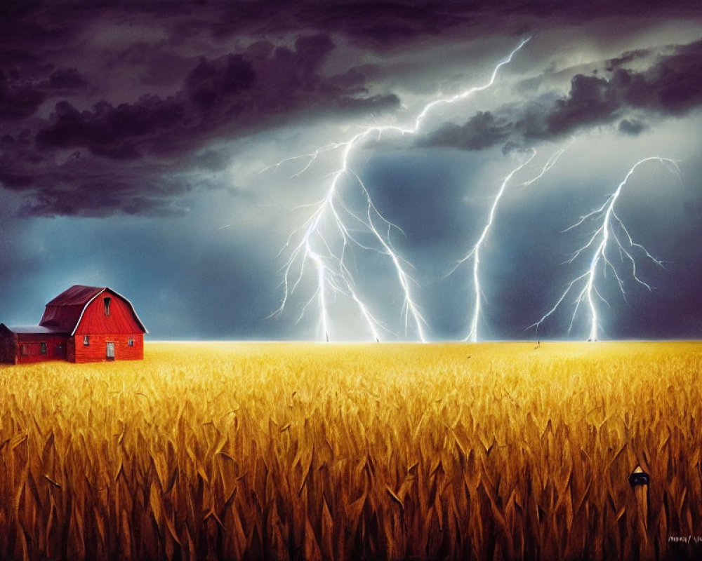 Red Barn in Golden Wheat Field During Storm with Lightning Strikes
