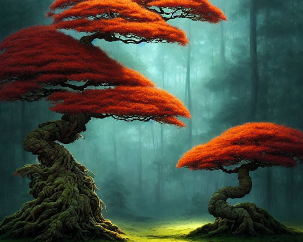 Vibrant red-blossomed trees in mystical forest setting