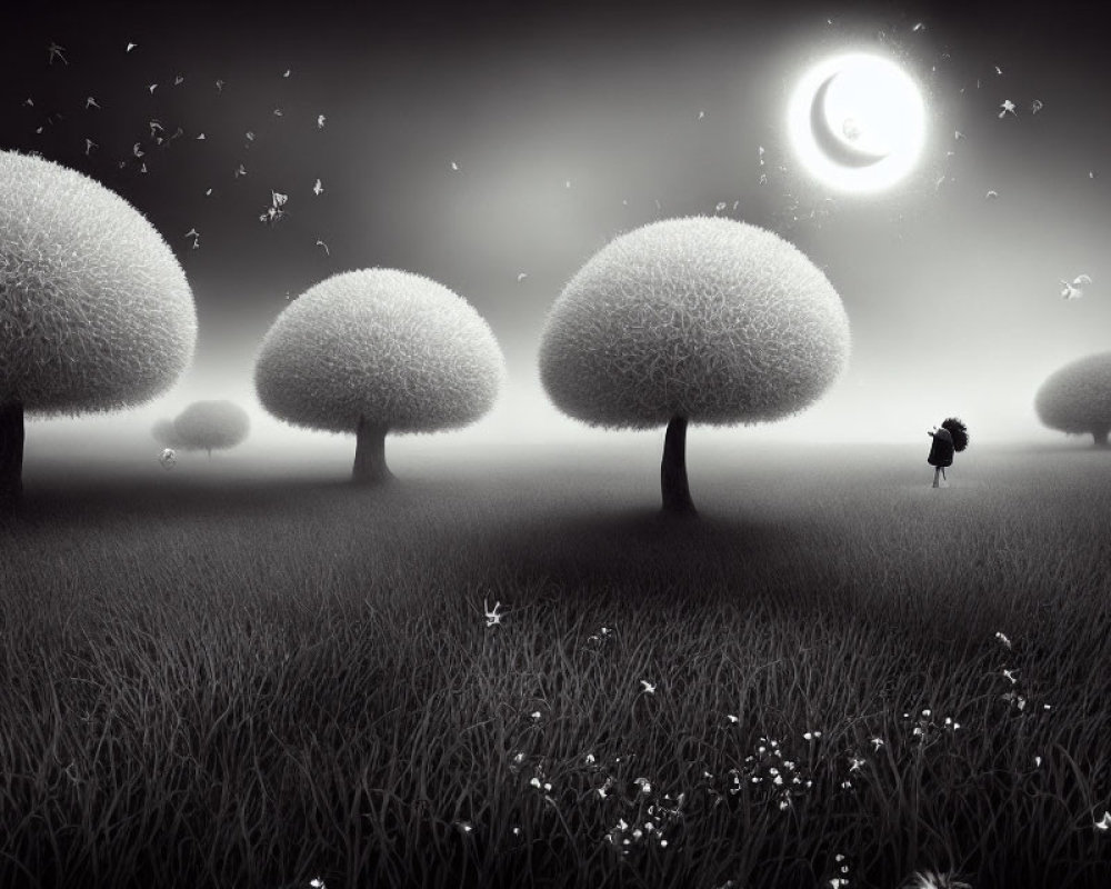 Monochrome fantasy landscape with surreal trees, moon, and lone figure