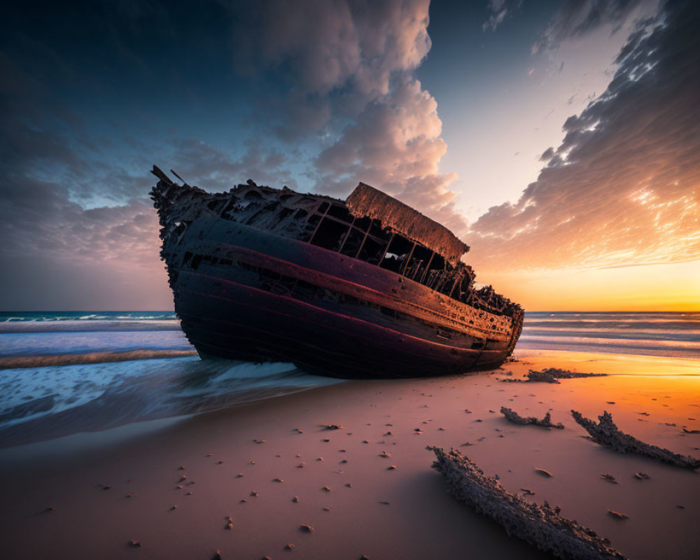 Decaying shipwreck on sandy beach at dramatic sunset