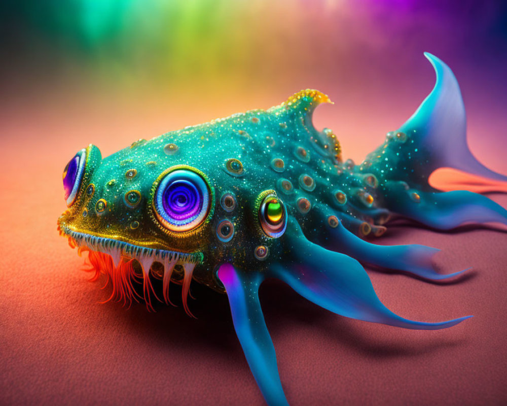 Vibrant surreal creature with fish and cephalopod traits on gradient background