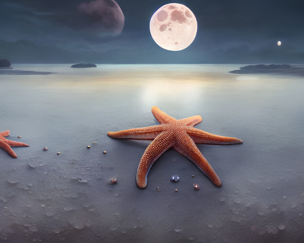 Moonlit beach scene with starfish, pebbles, and large moon in the sky