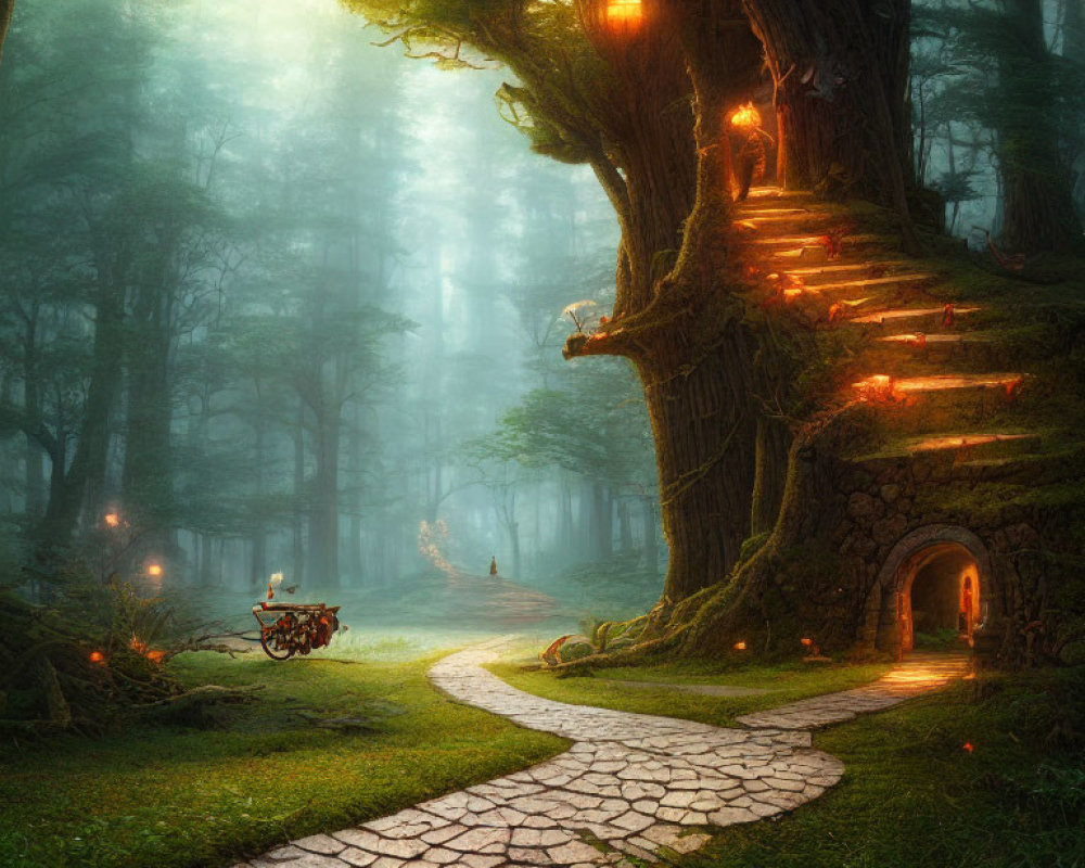 Enchanting forest with cobblestone path, glowing treehouse, and bicycle.