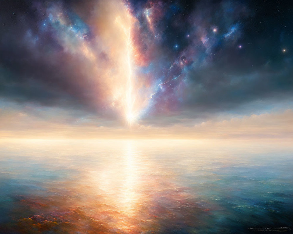 Bright cosmic light beam in serene cosmic ocean landscape