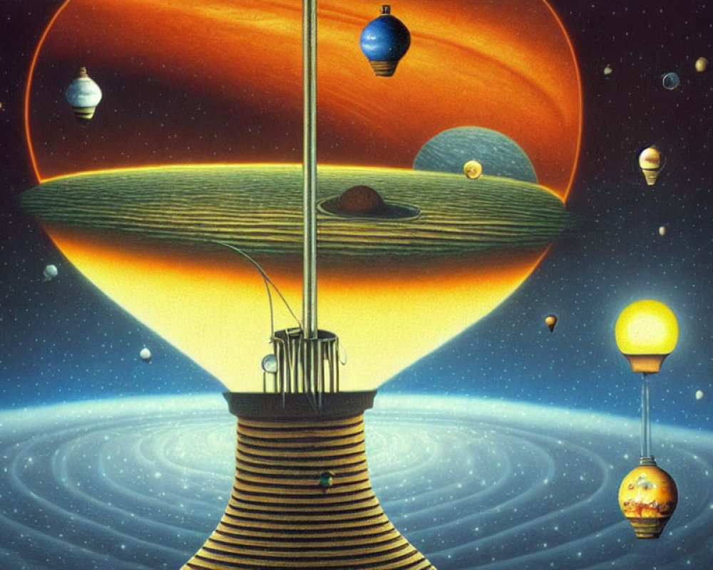 Surreal artwork: Platform with pole to Saturn amid planets and moons