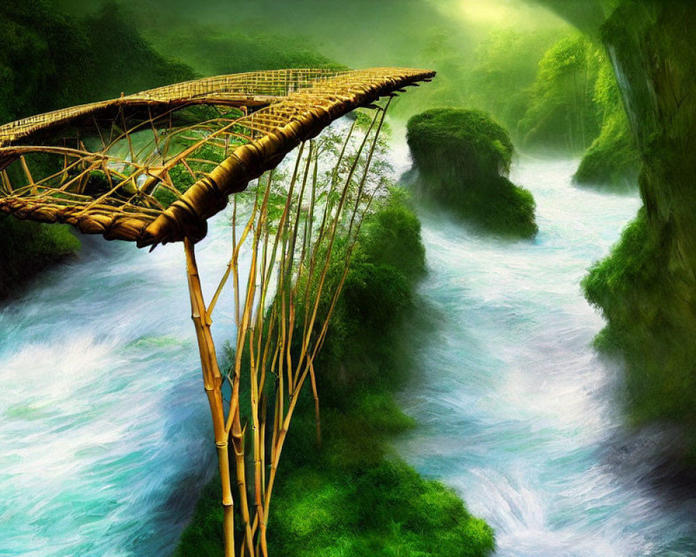 Rustic Bamboo Bridge Over Turquoise River in Lush Green Landscape
