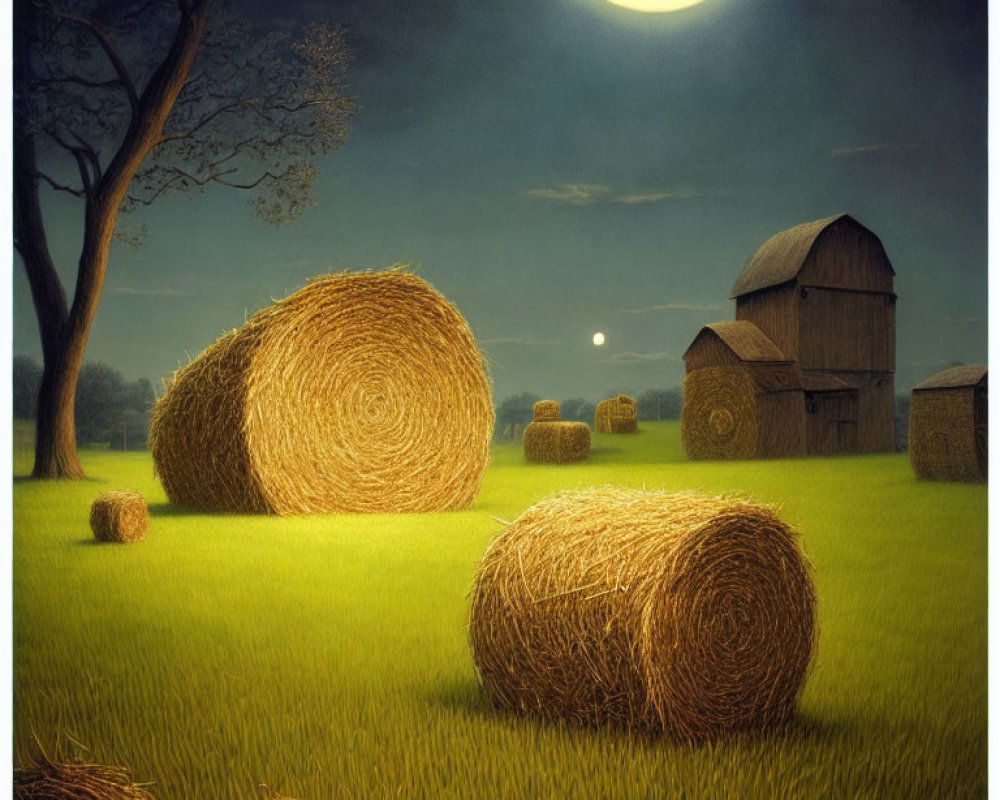 Rural landscape with hay bales, tree, and barns under moonlit night