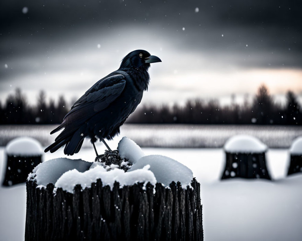 Raven on snow-covered post in wintry landscape