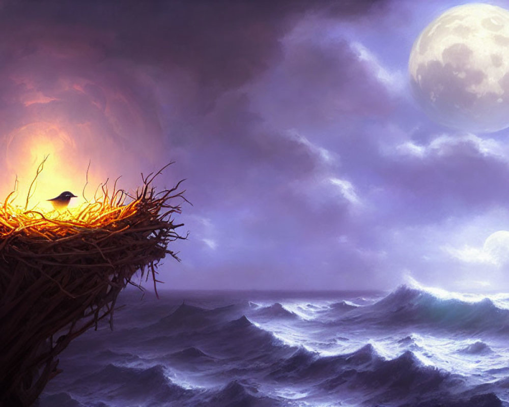 Bird perches on nest in lone tree amidst stormy seas under moonlit sky with dual celestial bodies