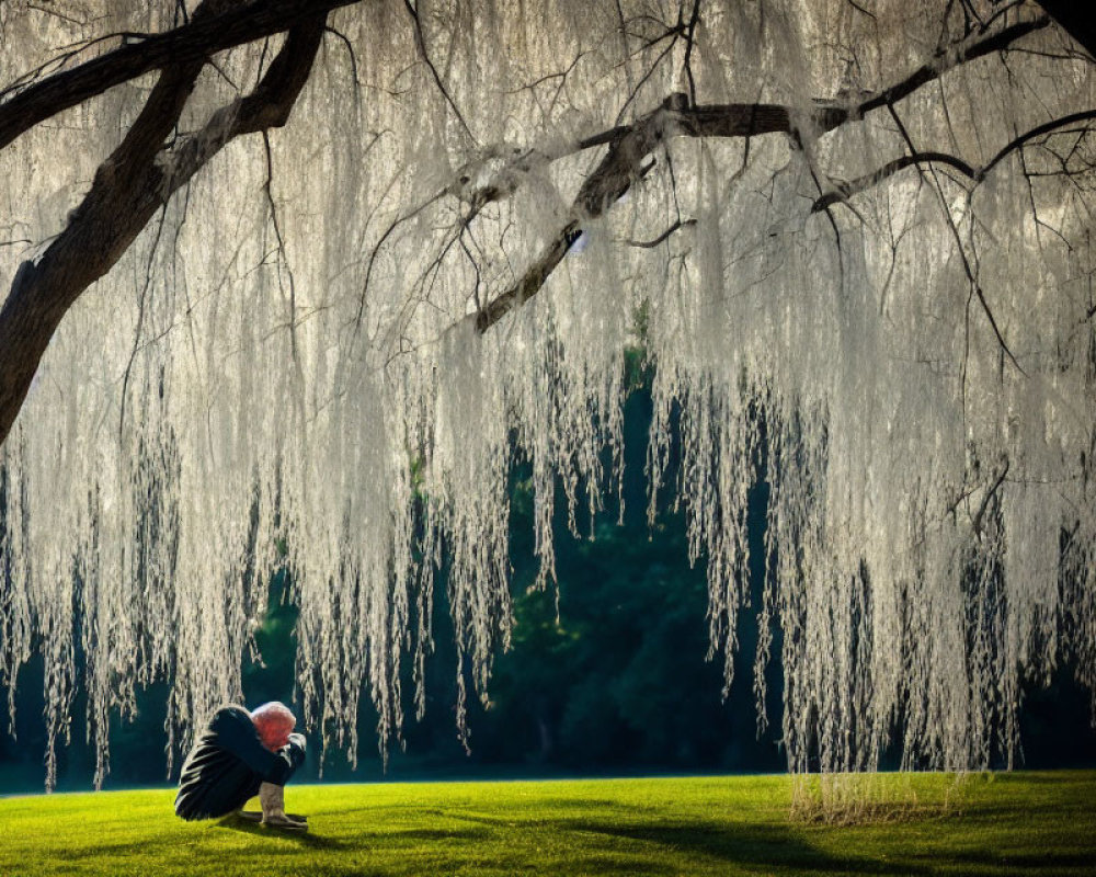Person sitting under willow tree in tranquil park setting