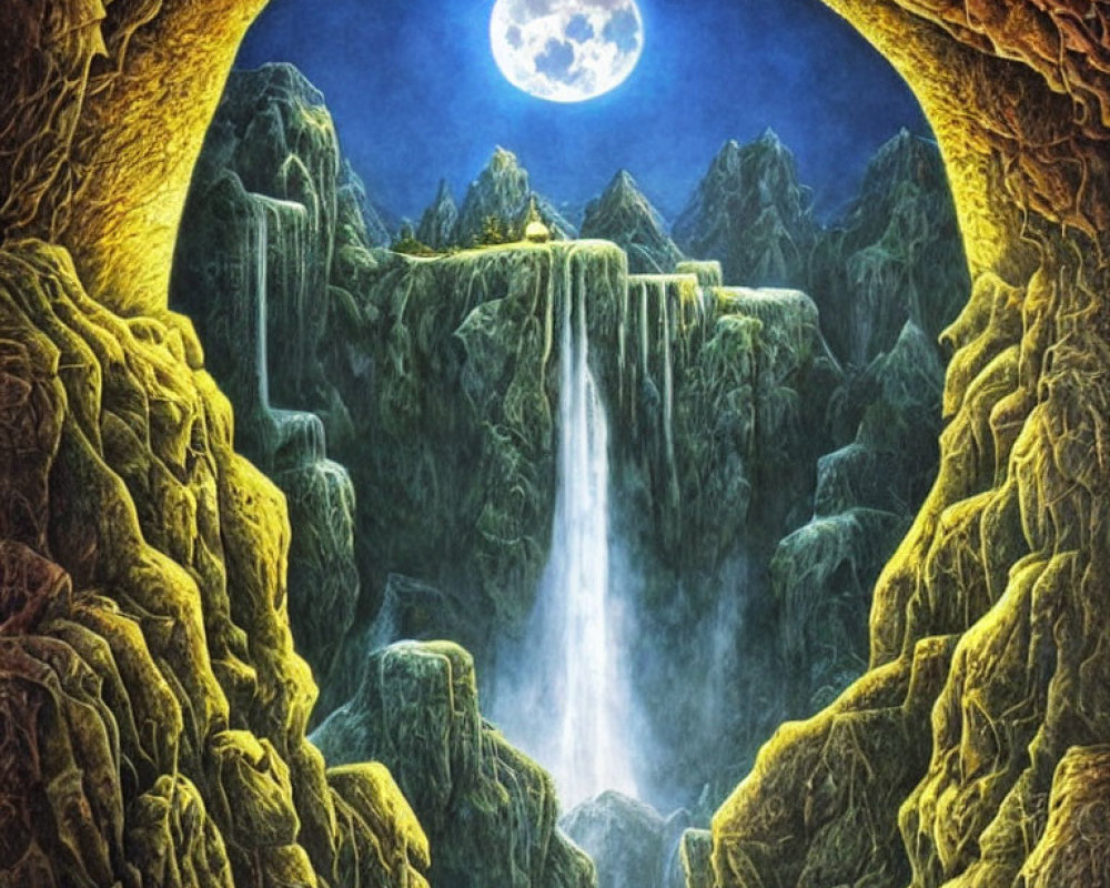 Fantastical landscape with cascade, cliffs, and full moon view.