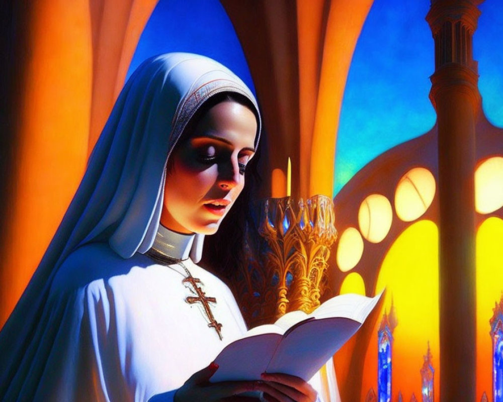 Nun reading book in vibrant church with stained glass windows