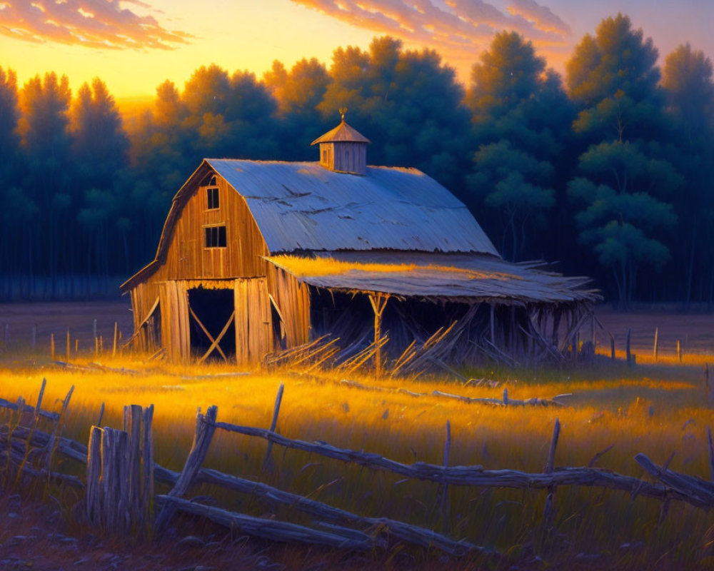 Decaying barn in golden field at sunrise with broken fence and forest backdrop.